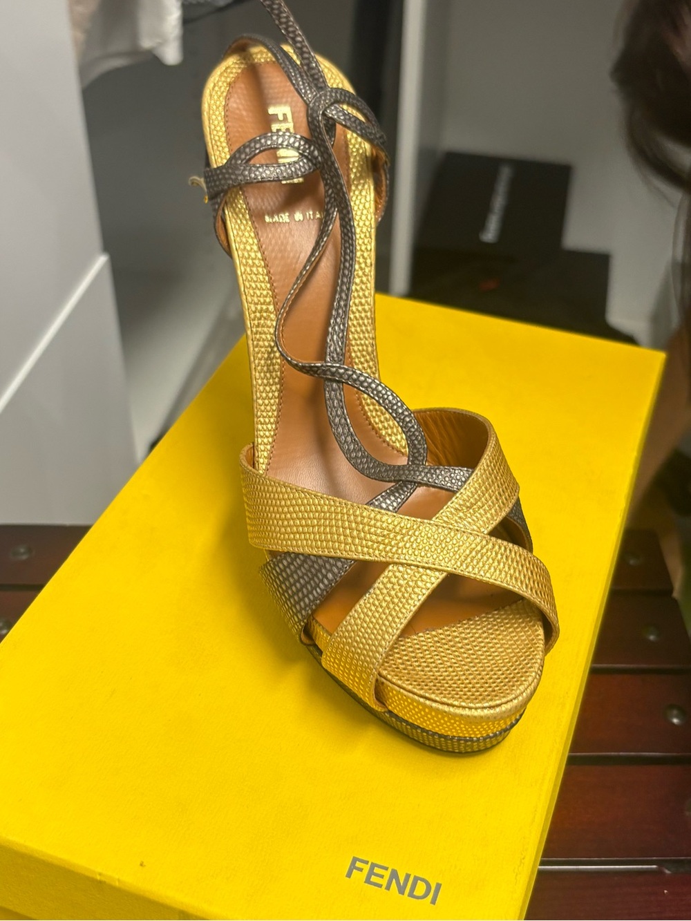 Fendi Yellow and Brown Crisscross Platform Sandal